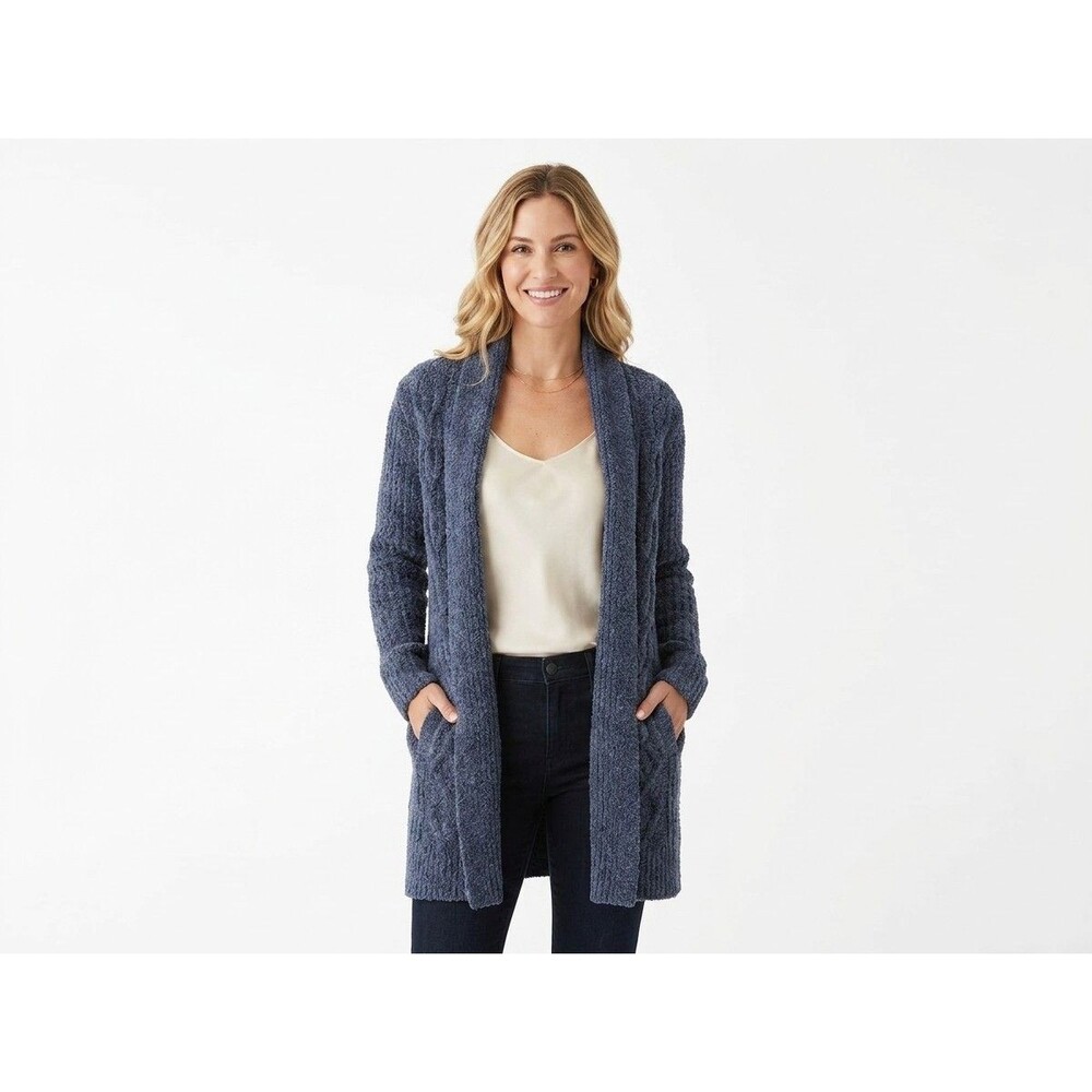 Barefoot Dreams CozyChic Cabin Cable Cardigan Sweater Blue L EUC